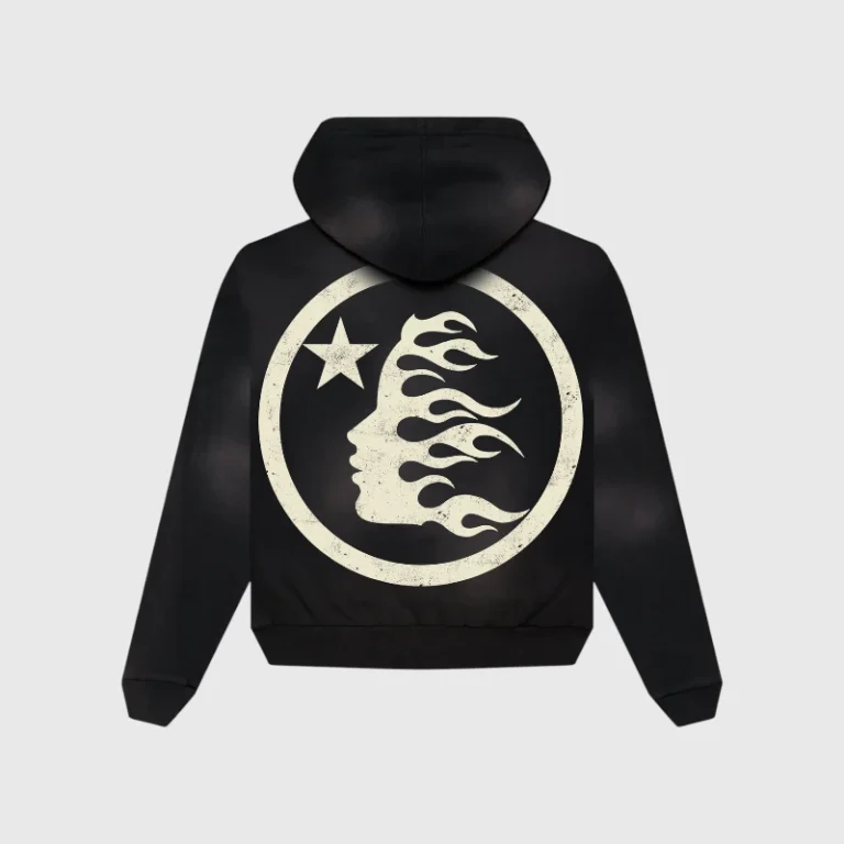 Back view of the black Hellstar Classic Hoodie featuring a circular graphic with a star and a flaming head profile.