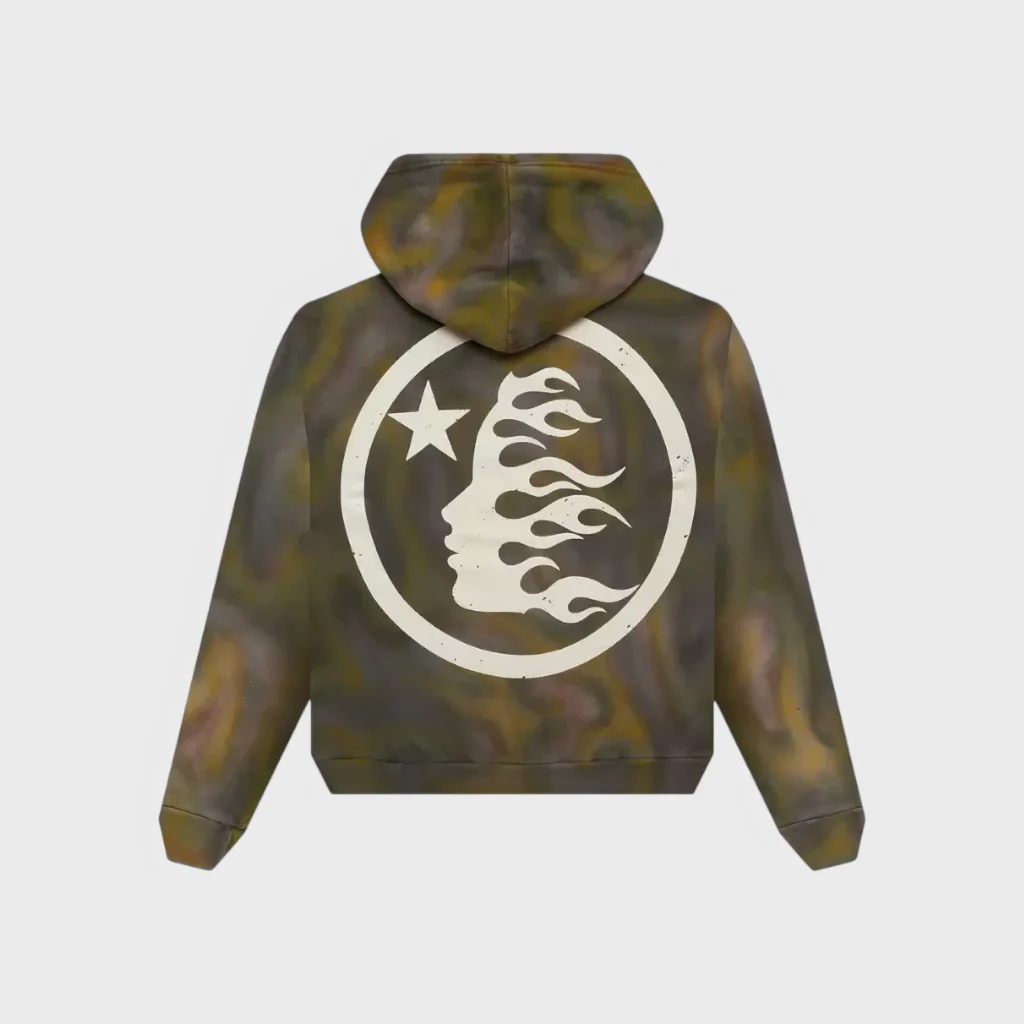 Back view of the Hellstar Classic Logo Airbrush Zip-Up Hoodie featuring a flaming face silhouette and star graphic.