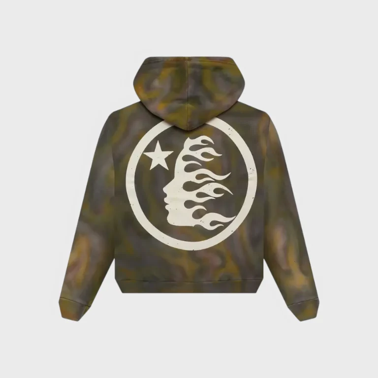 Back view of the Hellstar Classic Logo Airbrush Zip-Up Hoodie featuring a flaming face silhouette and star graphic.