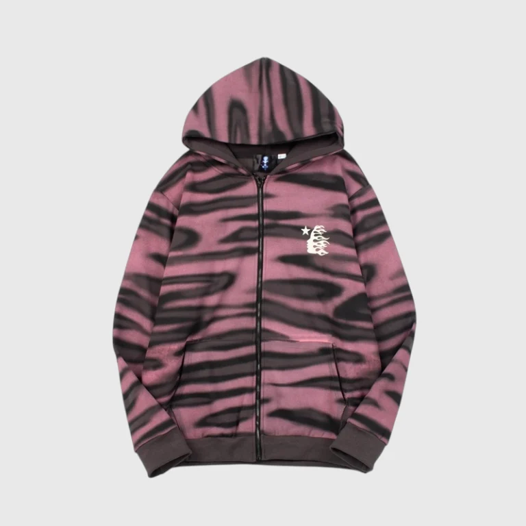 Hellstar Classic Logo Airbrush Zip-Up Hoodie in pink featuring a vintage graphic print and full-length front zipper.