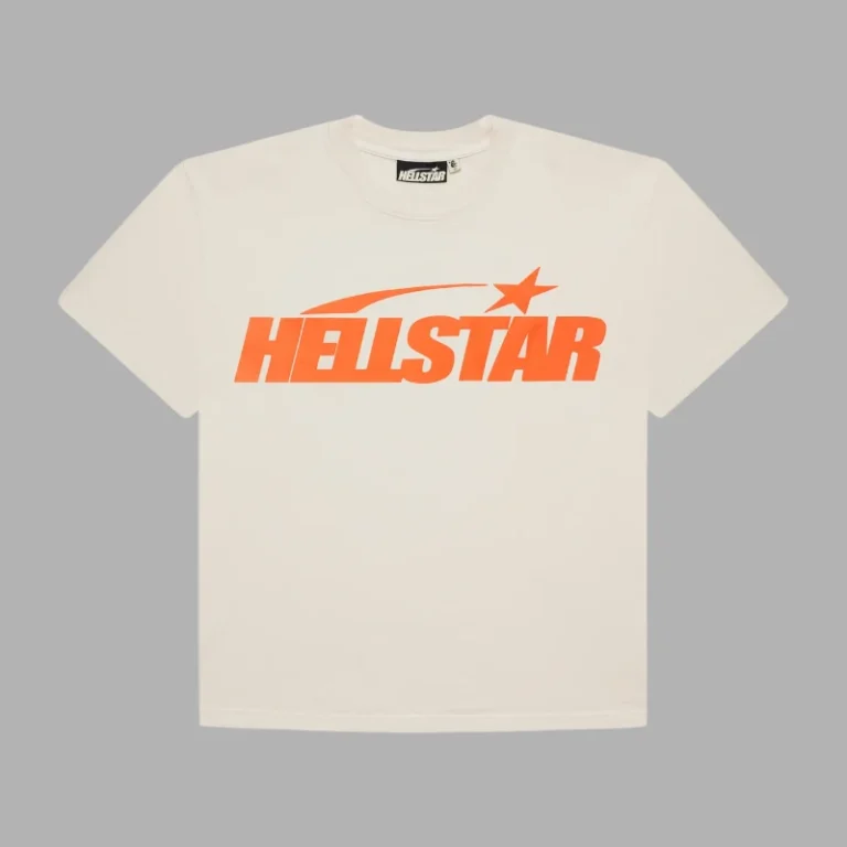 Beige Hellstar Classic T-Shirt with an orange graphic logo, featuring premium heavyweight cotton in a relaxed boxy fit.