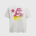 Hellstar white classic graphic t-shirt featuring a stylized pink and yellow flame-inspired face profile and star logo.