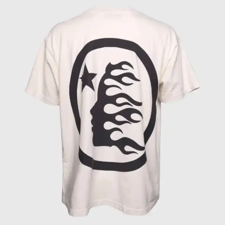 Back view of the Hellstar Classic White T-Shirt featuring a black graphic print of a star and flaming silhouette.