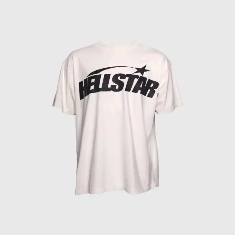 Front view of a white Hellstar classic t-shirt featuring the black brand logo and star graphic printed on the chest.