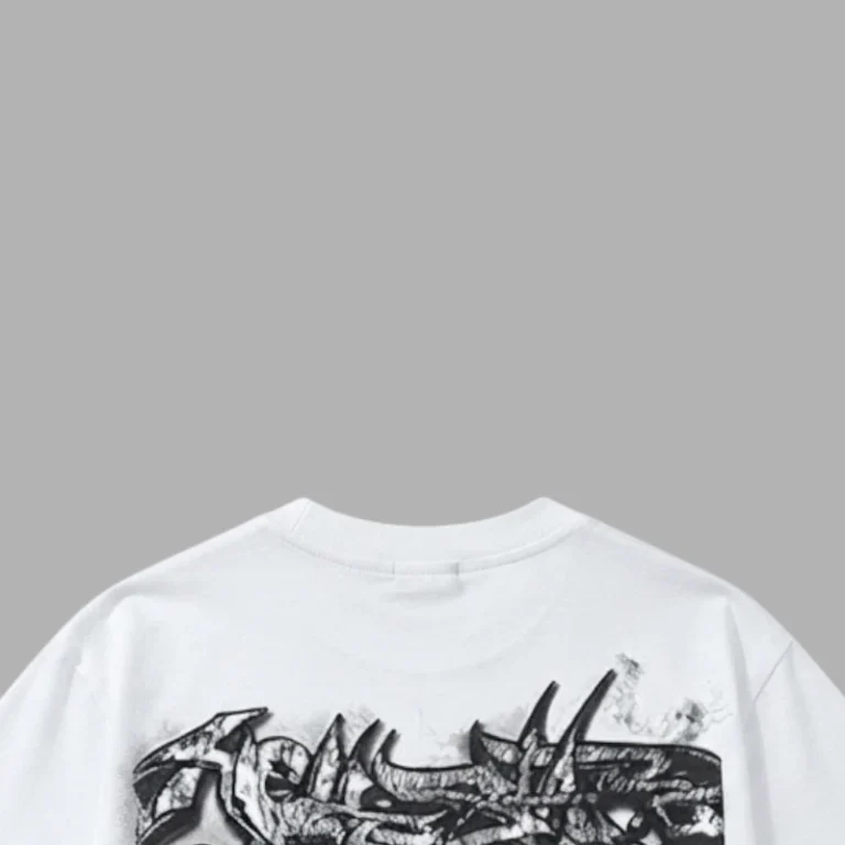 Back view of the limited edition Hellstar ComplexCon exclusive white graphic streetwear t-shirt with screen print.