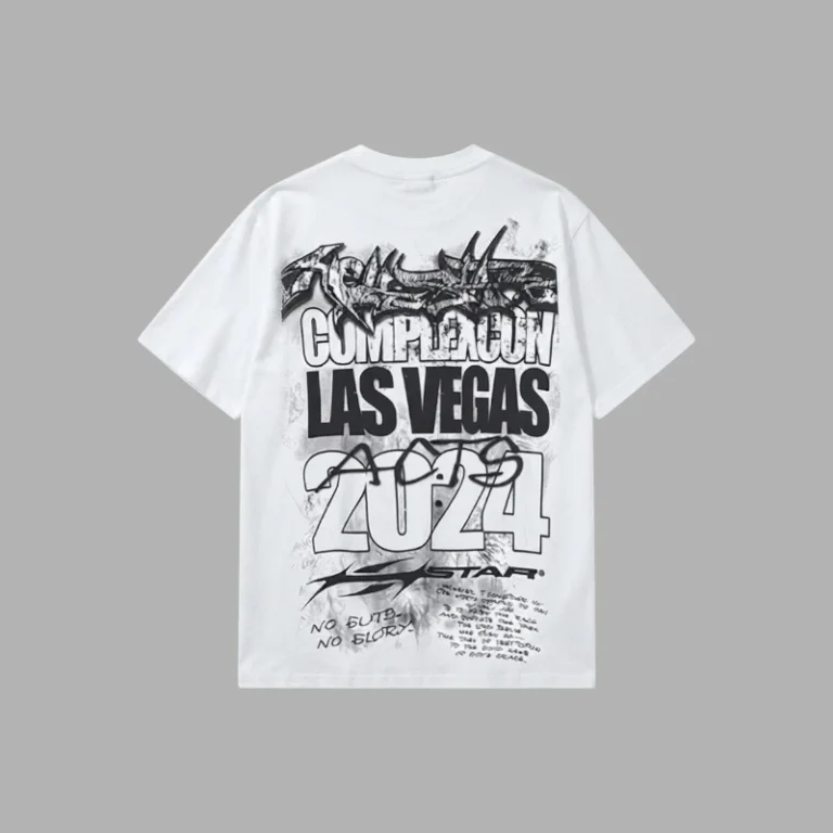 Back view of the white Hellstar ComplexCon Las Vegas 2024 exclusive t-shirt with signature graphic screen print.