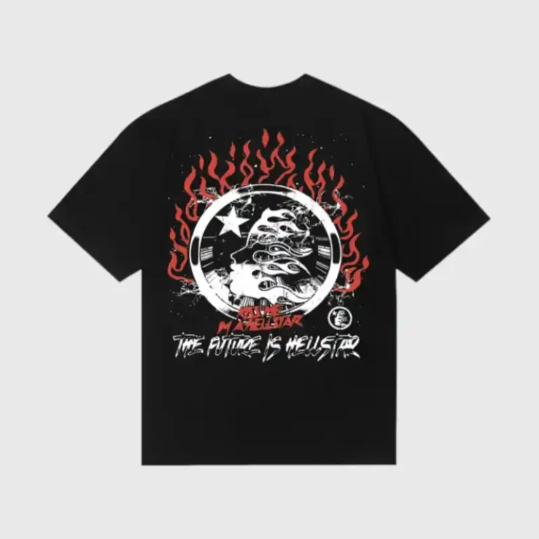 Back view of the black Hellstar Cotton Mask Graphic T-Shirt with a fiery artistic print and The Future Is Hellstar text.