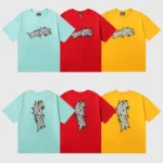 Hellstar Crack Print T-shirt collection featuring front and back graphic designs in light blue, red, and yellow colors.