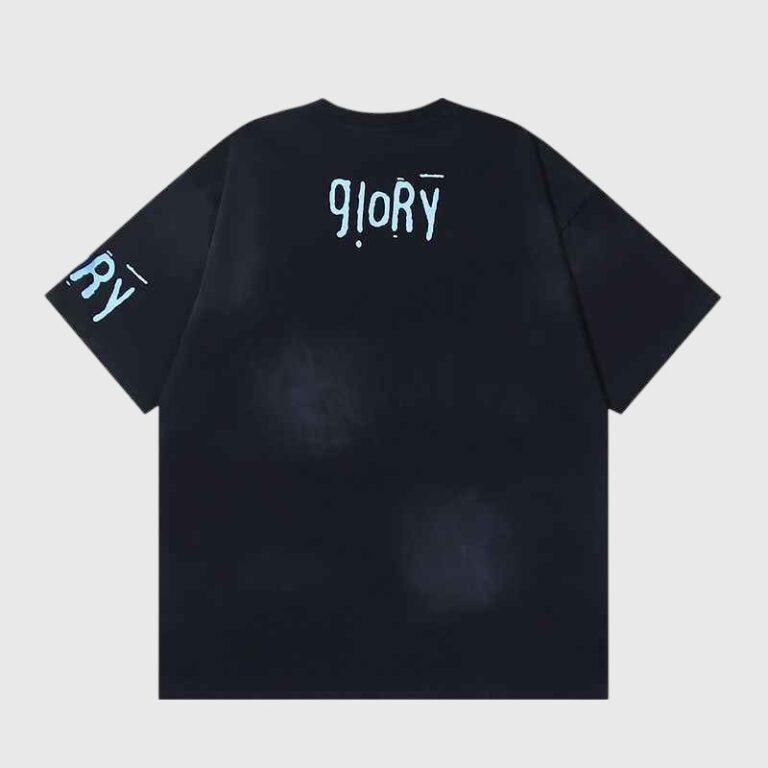Back view of the Hellstar Crochet Jesus black t-shirt featuring the word Glory printed in blue on the upper back.