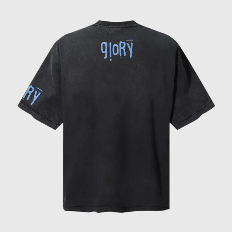 Back view of the black Hellstar Crochet Jesus T-shirt featuring Glory text graphic print on the upper back.