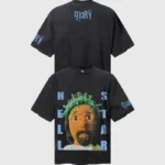 Black Hellstar Crochet Jesus graphic T-shirt featuring a unique textured crochet face design on the front and back.