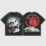 Front and back view of the black Hellstar Crowned Skull washed T-shirt featuring a large skull graphic.