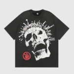 Front view of the black Hellstar Crowned Skull Washed T-Shirt featuring a prominent white skull graphic and logo.
