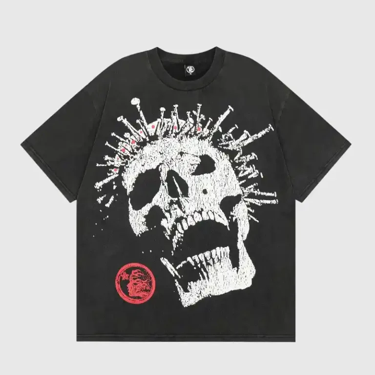 Front view of the black Hellstar Crowned Skull Washed T-Shirt featuring a prominent white skull graphic and logo.