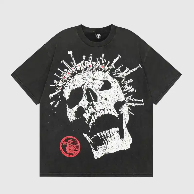 Hellstar Crowned Skull Washed T Shirt Front View Front view of the black Hellstar Crowned Skull Washed T-Shirt featuring a prominent white skull graphic and logo.