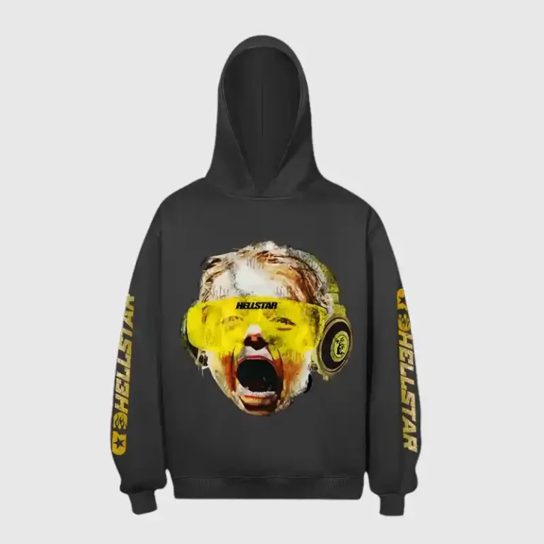 Black Hellstar hoodie featuring a bold, colorful crying baby graphic screen print on the front and logo sleeves.