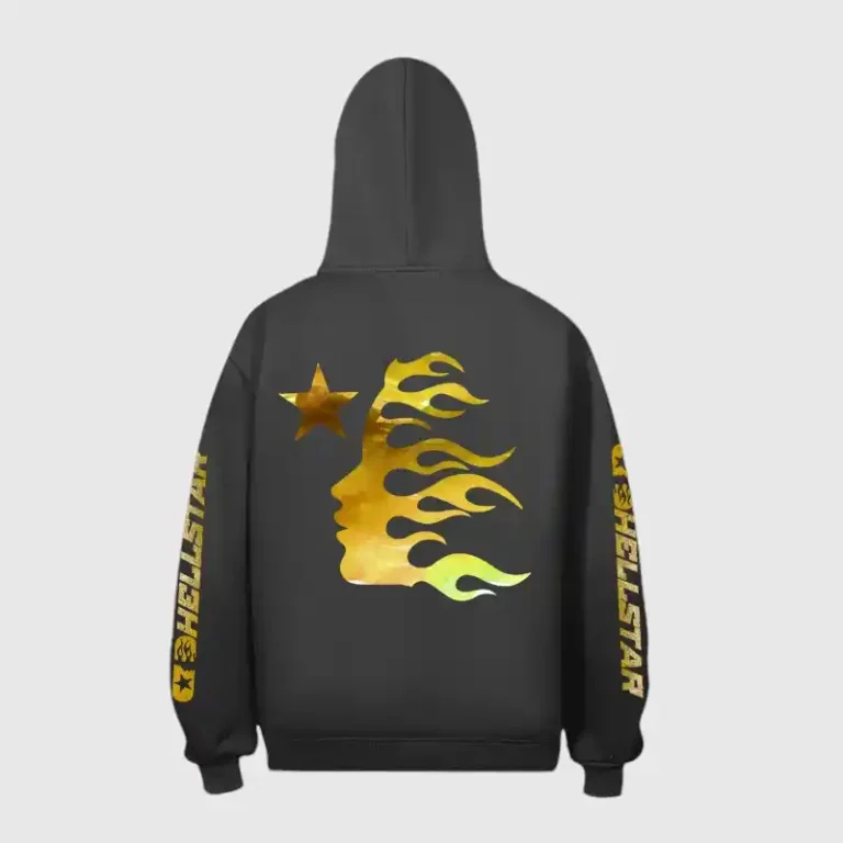 Back view of the black Hellstar Crying Baby graphic hoodie featuring a bold golden flame design on the rear fabric.