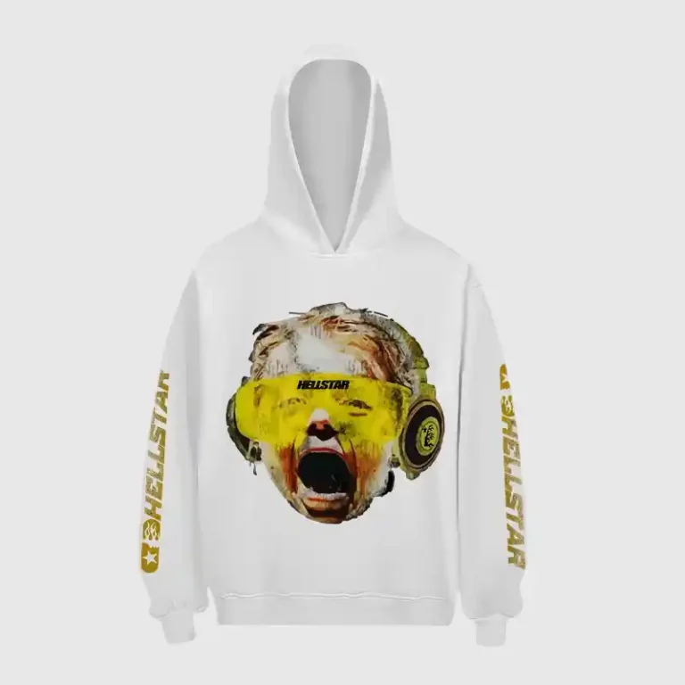 White Hellstar hoodie featuring a central Crying Baby graphic print and branding on the sleeves for a streetwear look