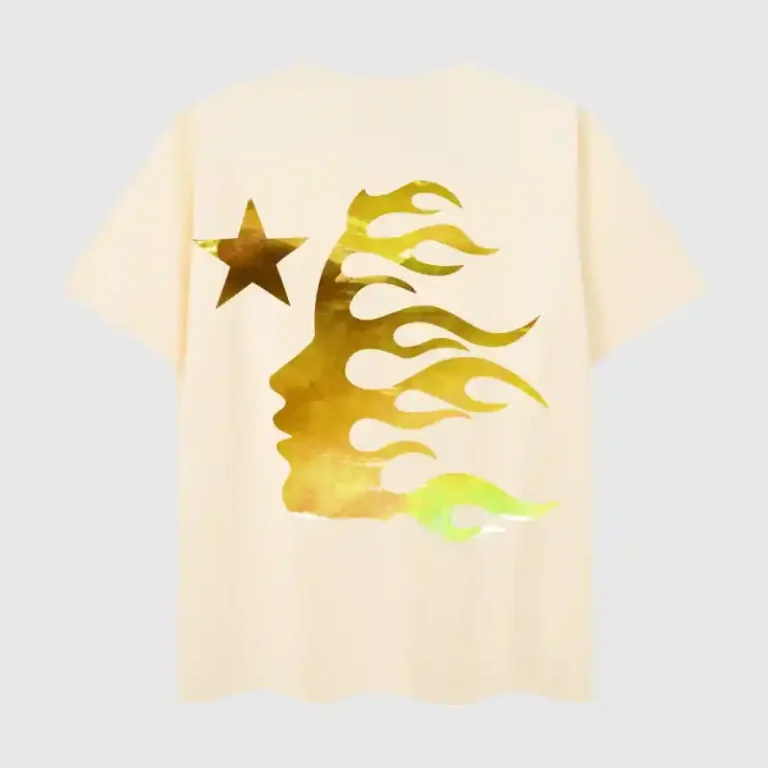 Back view of the Hellstar beige unisex T-shirt featuring a gold metallic crying baby graphic with a star.
