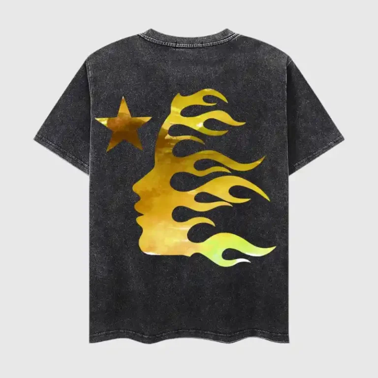 Black vintage washed Hellstar T-shirt featuring a gold graphic print of a profile face in flames and a star icon.