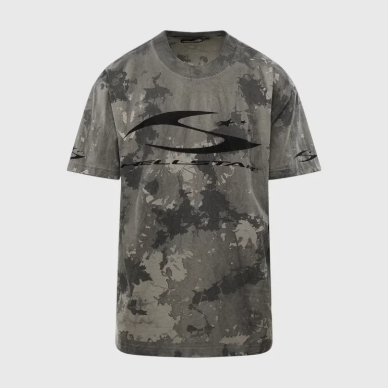 Hellstar H Cursive Logo Grey T-Shirt featuring a heavyweight cotton construction and a relaxed streetwear fit design.
