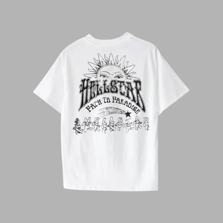 Back view of a white Hellstar Dancing Bears t-shirt featuring sun and bear graphics with Path to Paradise branding.