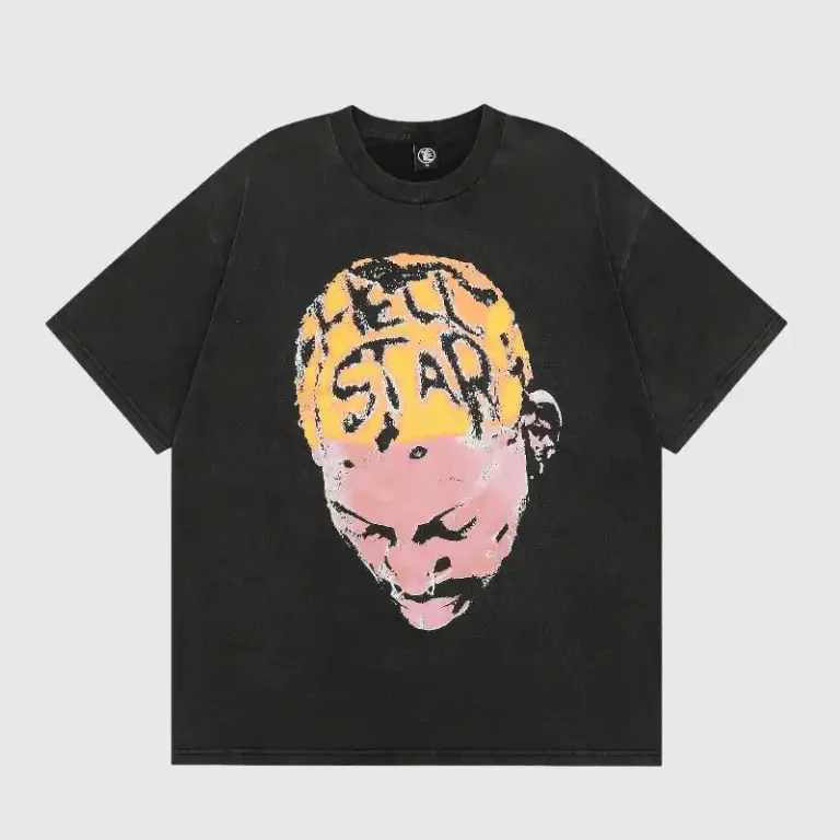 Front view of the black Hellstar Dennis Rodman oversized graphic cotton T-shirt with vibrant graffiti text print.