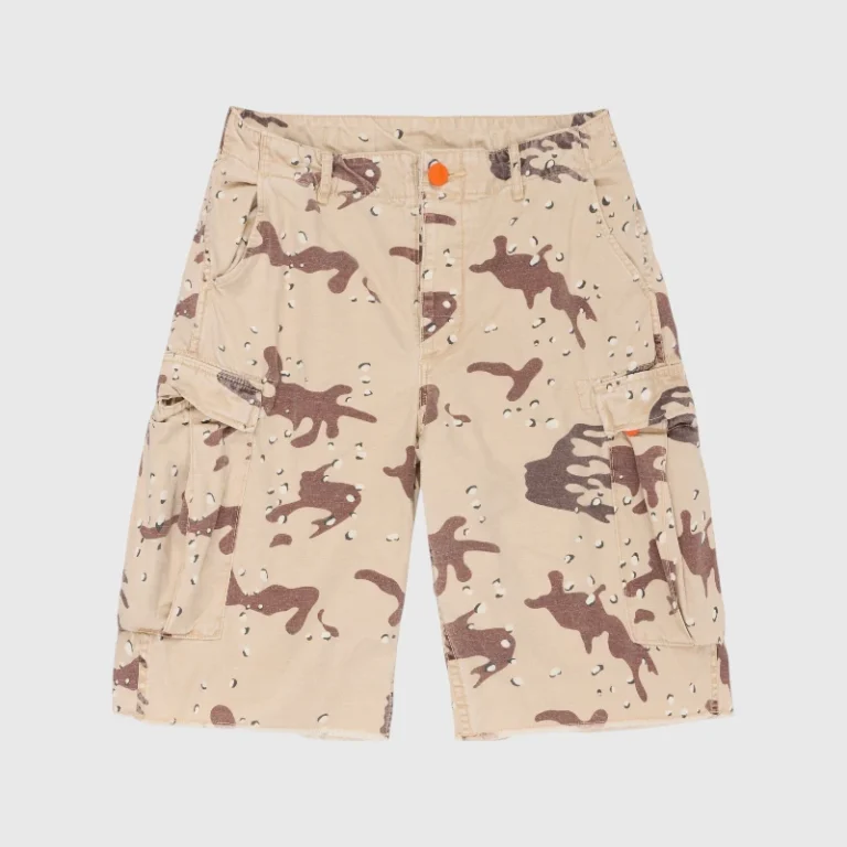 Hellstar Desert Fatigue Cargo Shorts in tan camo print featuring a vintage washed finish and tactical pocket design.