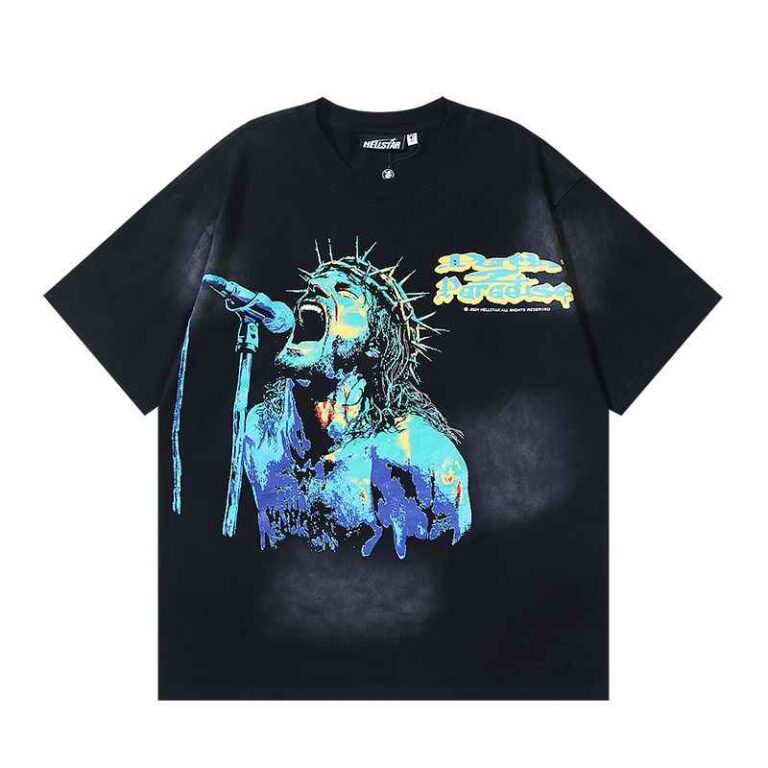 Hellstar Devil Ozzy T-shirt in black featuring a vibrant screaming rocker graphic with a crown of thorns and microphone