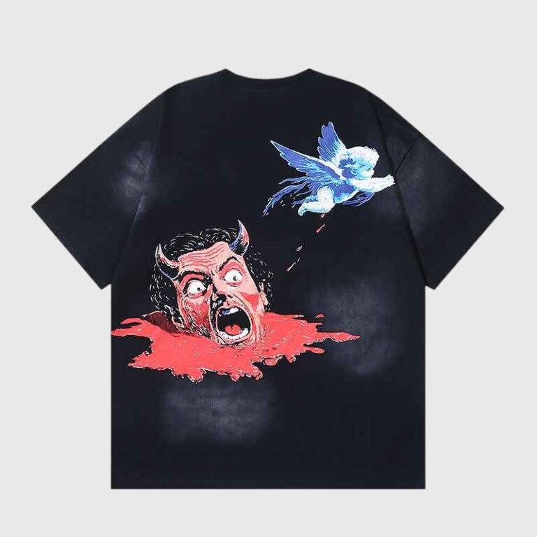 Black Hellstar Devil Ozzy T-shirt featuring a screaming rock icon graphic, crown of thorns, and a small angel figure.