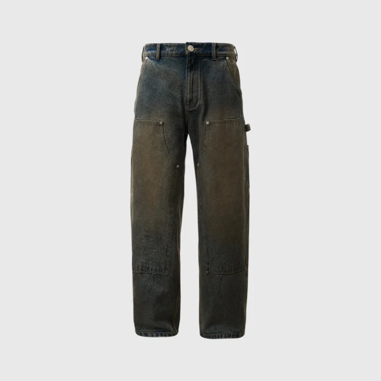 Hellstar Dirty Wash Carpenter Jeans Pant in rugged dark blue denim with vintage streetwear utility pocket details