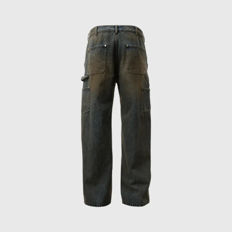 Hellstar Dirty Wash Carpenter Jeans with a vintage aesthetic, utility pockets, and a functional hammer loop design.
