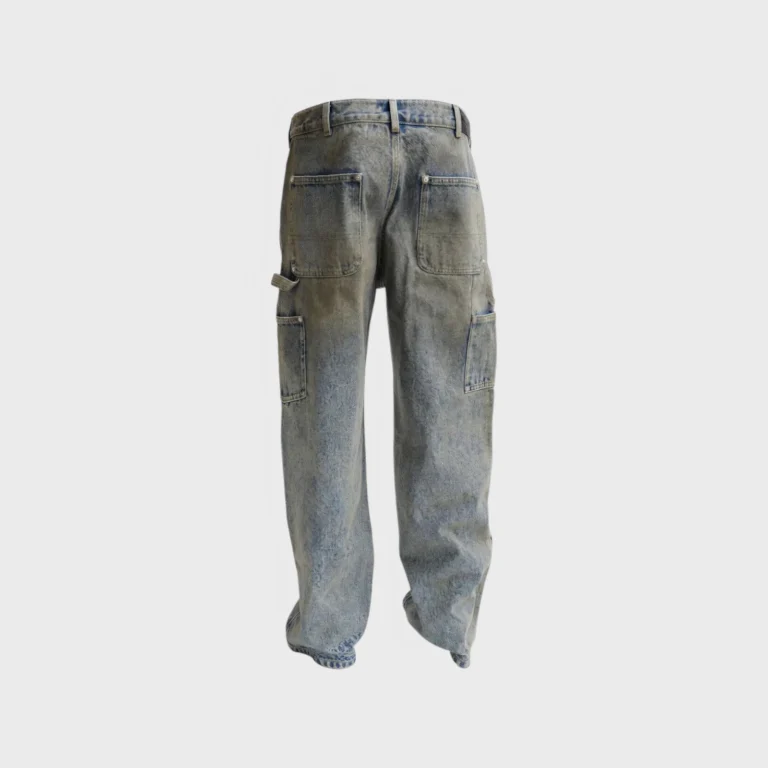 Hellstar Dirty Wash Carpenter Jeans in blue denim with a vintage distressed look and functional utility pocket design