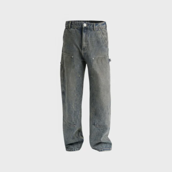 Hellstar blue denim carpenter jeans featuring a vintage dirty wash finish with a relaxed fit and workwear styling.