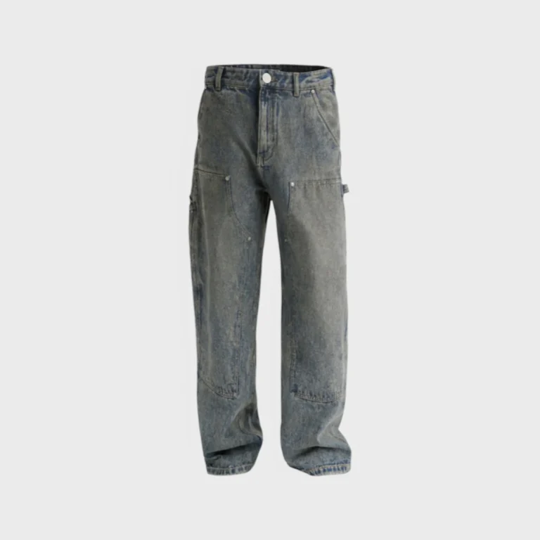 Hellstar blue denim carpenter jeans featuring a vintage dirty wash finish with a relaxed fit and workwear styling.