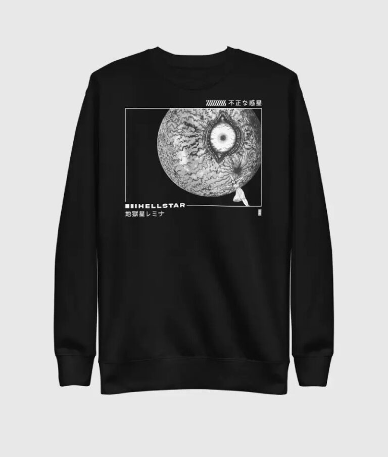 Black Hellstar Discover crewneck sweater featuring a striking graphic of an eyeball-like planet with Japanese text.