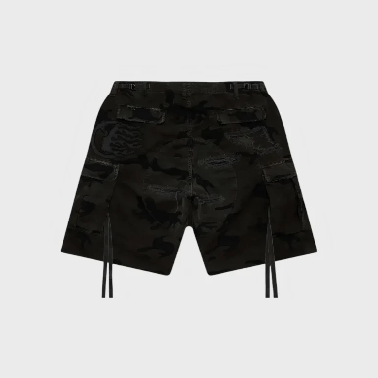Back view of Hellstar distressed black cargo shorts featuring a rugged tactical design with multiple pockets.