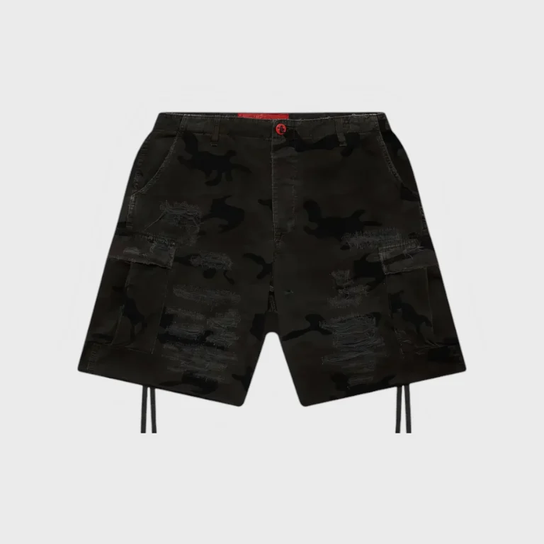 Front view of black camouflage Hellstar distressed cargo shorts featuring rugged detailing and side pockets