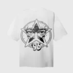 Back view of the Hellstar Dont Like Us T-Shirt in white, featuring a bold graphic print with a star and eyes.