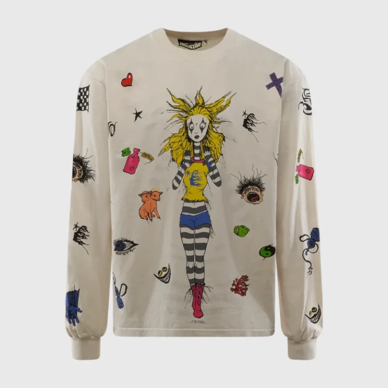 Front view of the off-white Hellstar Down The Paradise Path long sleeve shirt featuring a stylized character print.