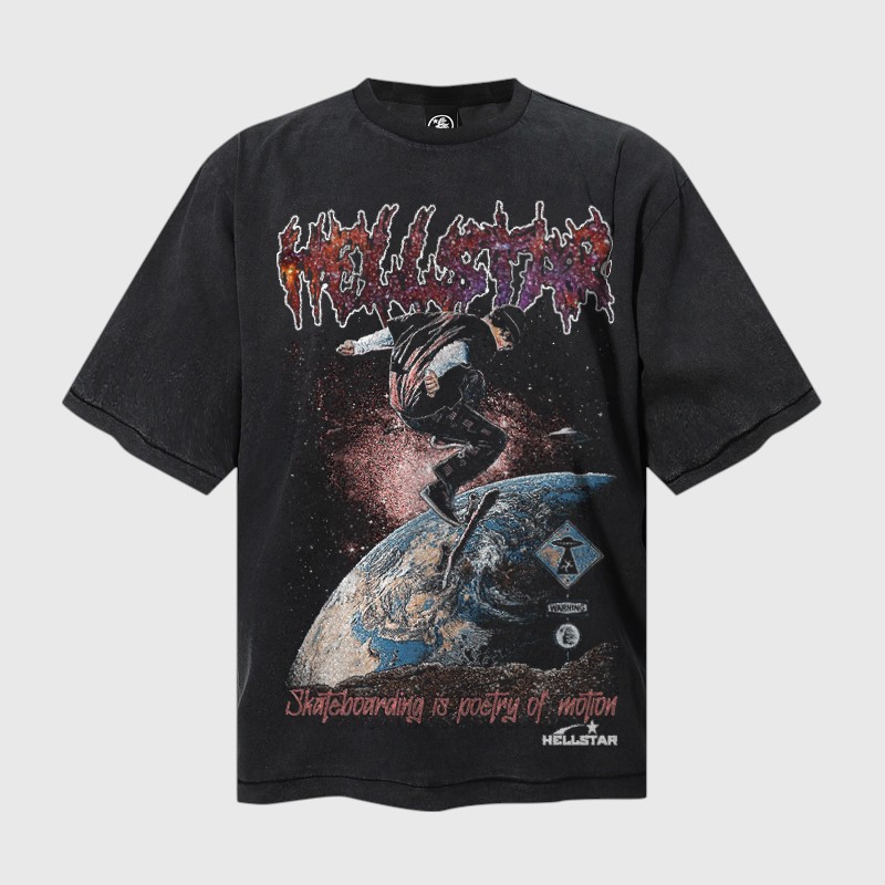 Hellstar Earth Printed Skater T Shirt Hellstar Earth printed vintage washed black t-shirt featuring a skater on a spinning Earth with cosmic graphics.