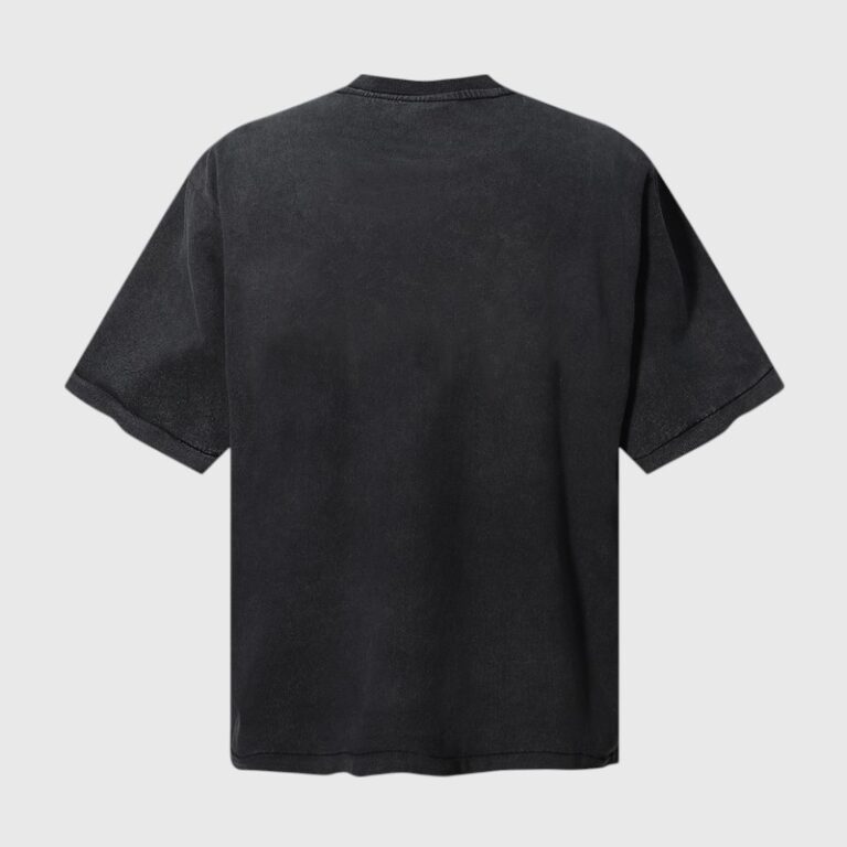 Back view of the vintage washed black Hellstar Earth printed T-shirt featuring a relaxed fit crew neck design.
