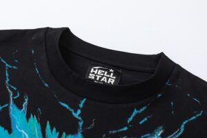 Close-up of the Hellstar Electric Kid T-shirt in black featuring the signature logo on the inner collar label.