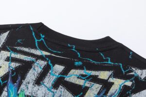 Close-up view of the collar and graphic print detail on the black Hellstar Electric Kid T-Shirt featuring lightning design.