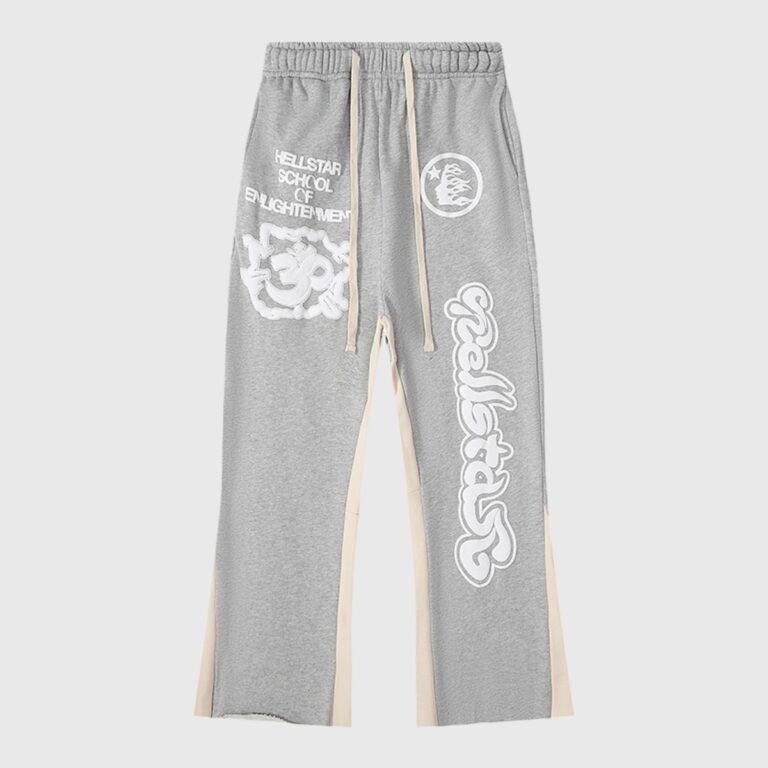 Hellstar Enlightenment grey sweatpants featuring graphic prints and a comfortable drawstring waist design for casual wear.