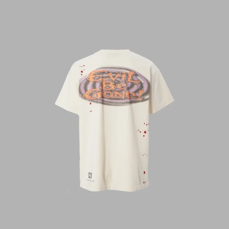 Back view of the Hellstar Evil Eye T-Shirt in white featuring the Evil Be Gone graphic design on premium cotton.
