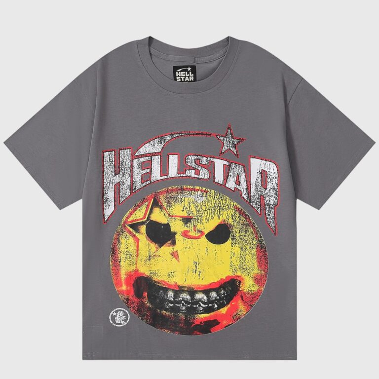 Hellstar Evil Smile gray vintage-washed T-shirt featuring a cracked yellow evil smiley face and distressed Hellstar logo