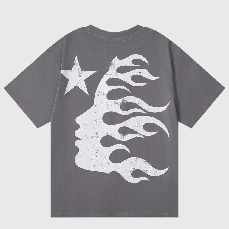 Hellstar Evil Smile grey unisex T-shirt with distressed white flame-faced profile and star graphic, 100% cotton vintage wash