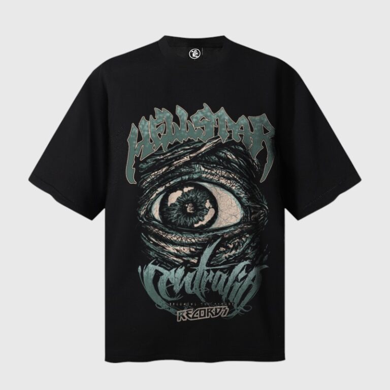 Premium black Hellstar T-shirt featuring a detailed all-seeing eye graphic and distressed brand logo print design.