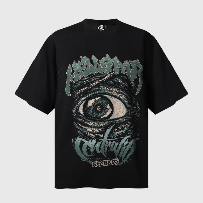 Hellstar Eye Graphic Black T Shirt Premium black Hellstar T-shirt featuring a detailed all-seeing eye graphic and distressed brand logo print design.